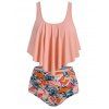 Maillot de Bain Tankini Superposé Fleuri Imprimé à Volants - Orange Rose S