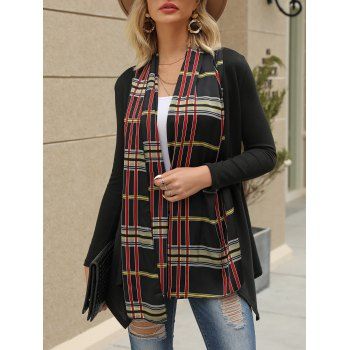 

Plaid Print Open Front Cardigan, Black