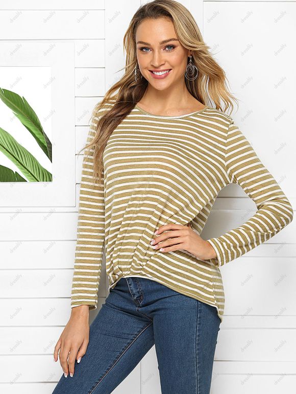 T-shirt Haut Bas Rayé Plissé - Kaki S