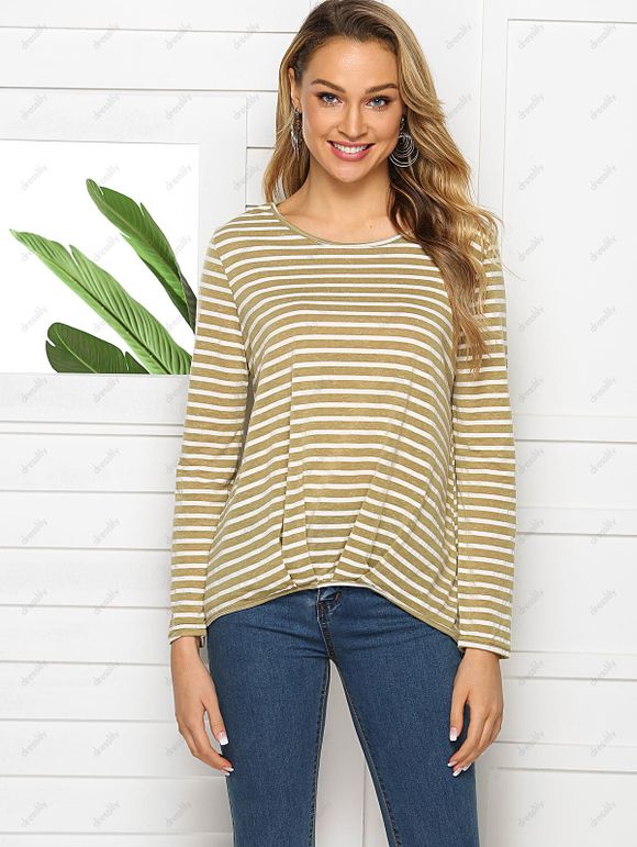 T-shirt Haut Bas Rayé Plissé - Kaki S