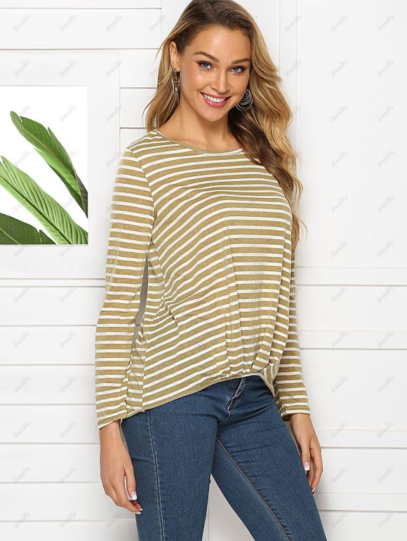 T-shirt Haut Bas Rayé Plissé - Kaki S