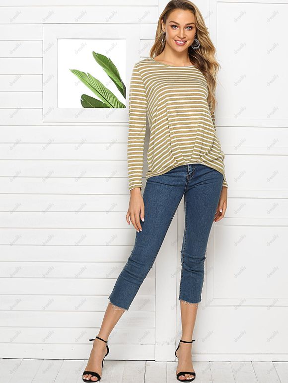 T-shirt Haut Bas Rayé Plissé - Kaki S