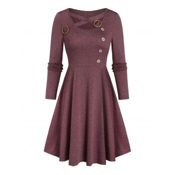 Image of Crisscross Button A Line Long Sleeve Dress