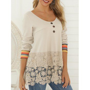 

Flower Lace Panel Striped Mock Button T-shirt, Crystal cream