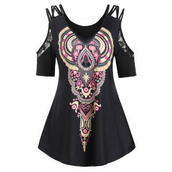 

Tribal Print Strappy Lace Insert T-shirt, Black