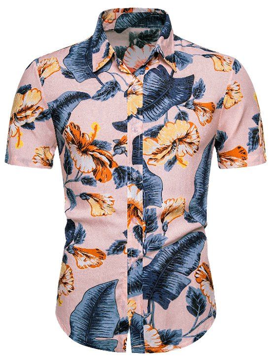 Tropical Leaf Floral Pattern Button Up Beach Shirt - multicolor 2XL