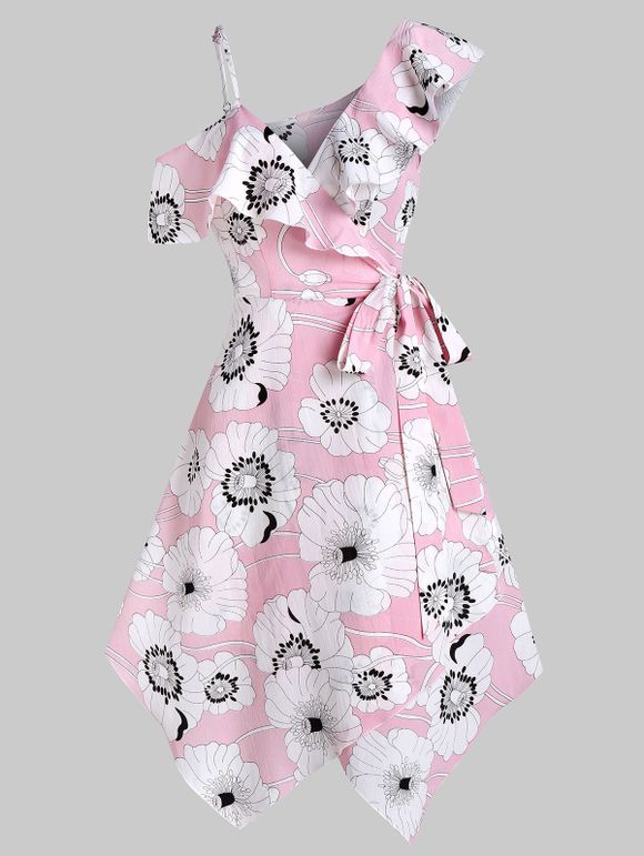 Flower Print Flounce Handkerchief Wrap Dress - FLAMINGO PINK 3XL