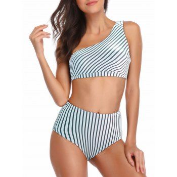 

One Shoulder Striped High Waisted Bikini Set, White