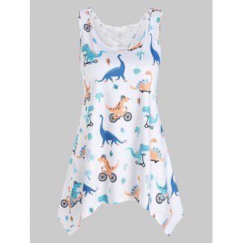 

Cartoon Dinosaur Print Lace-up Hanky Hem Tank Top, White
