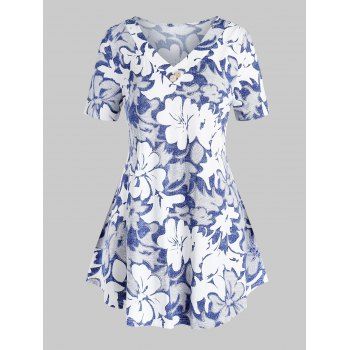 

Plus Size Floral Print Swing T Shirt, Ocean blue
