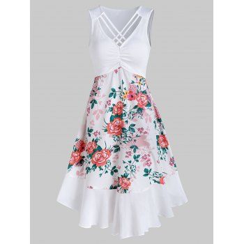 

Flower Print Criss-cross Ruched Sleeveless Dress, White