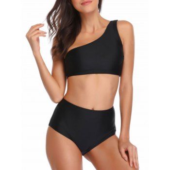 

One Shoulder Striped High Waisted Bikini Set, Black