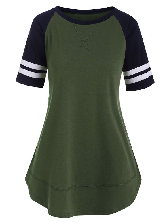 T-shirt Rayé en Blocs de Couleurs à Ourlet Courbe - Vert Camouflage XL