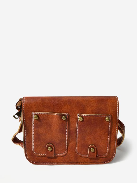 Sac à Bandoulière Rectangle à Rabat avec Rivet - Brun 