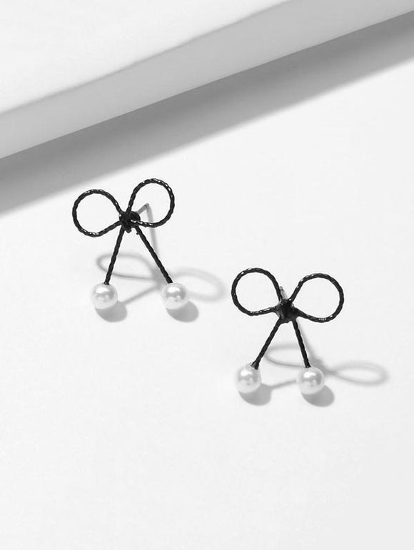 Boucles d'Oreilles Nœud Papillon Design avec Fausse Perle - Noir 