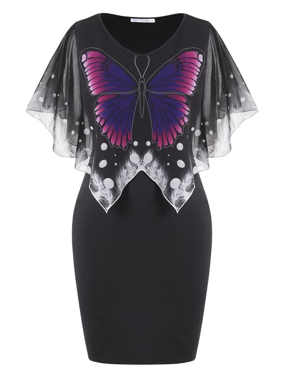 Robe Superposée Papillon Panneau en Mousseline de Grande Taille - Noir 3X
