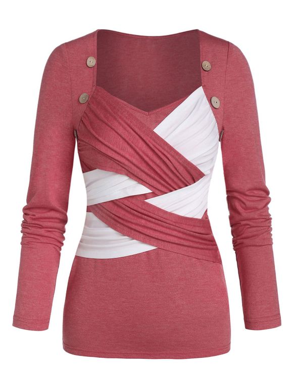 T-shirt Croisé Contrasté avec Bouton - Rouge Saint Valentin XL