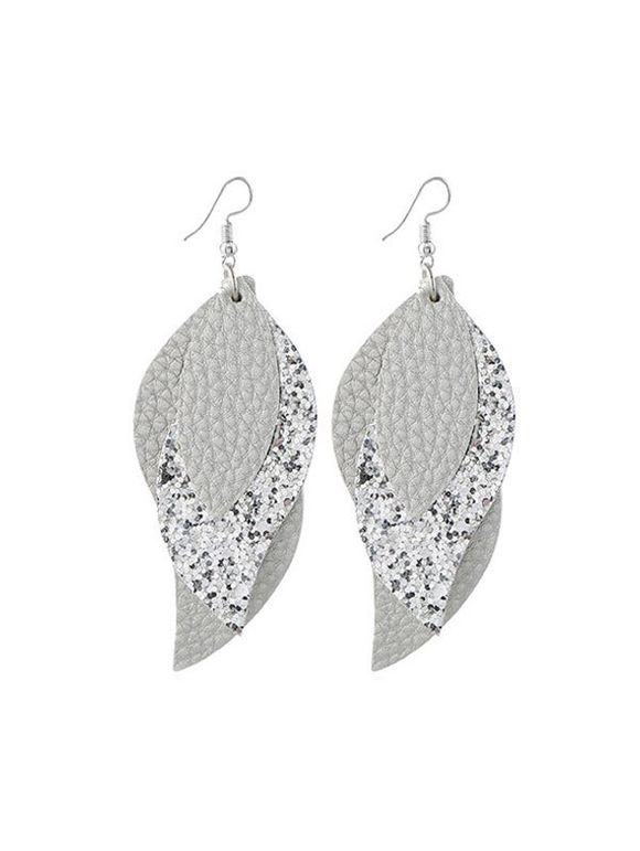 Boucles d'Oreilles en Forme de Feuille Superposées à Paillettes en Cuir - Argent 