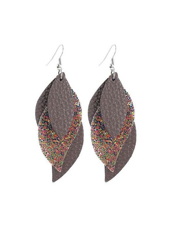 Boucles d'Oreilles en Forme de Feuille Superposées à Paillettes en Cuir - Gris Foncé 