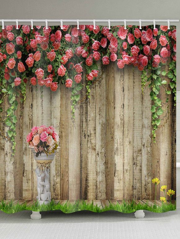 Rideau de Douche Imperméable Fleur et Planche en Bois Imprimés pour Salle de Bain - multicolor W118 X L79 INCH