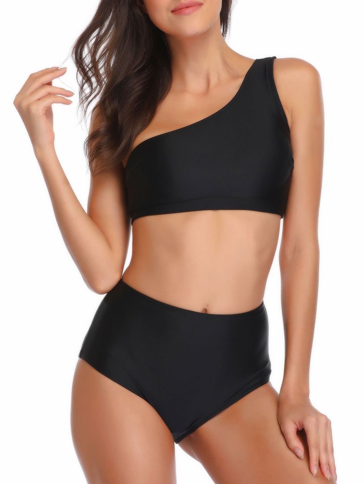 One Shoulder Striped High Waisted Bikini Set - BLACK L