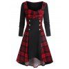 Robe Haute Basse à Carreaux Imprimé avec Bouton à Lacets - Noir M