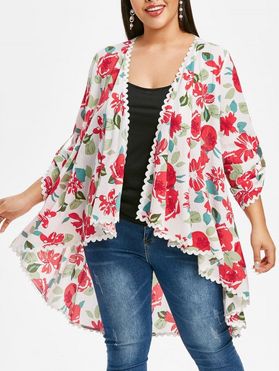 Plus Size Lace Panel Floral High Low Summer Cardigan