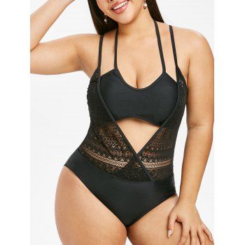 

Plus Size Lace Surplice Swimwear With Bra, Black