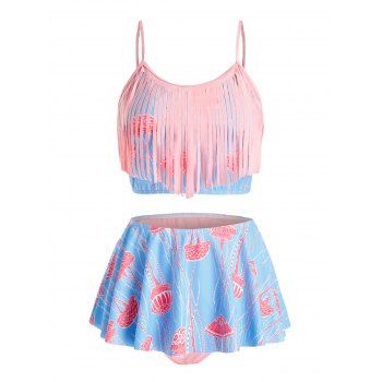 

Plus Size Jellyfish Fringed Flounce Skort Tankini Swimwear, Powder blue