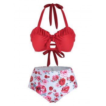 

Plus Size Ruffled Cutout Tie Front Floral Bikini Swimwear, Red