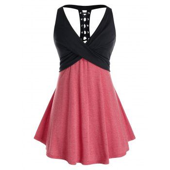 

Plus Size Lace Up Crossover Two Tone Tank Top, Black