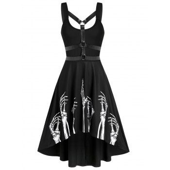 

Skeleton Print Harness Insert High Low Dress, Black