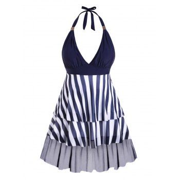 

Plus Size Halter Striped Mesh Insert Tiered Tankini Swimwear, Cadetblue