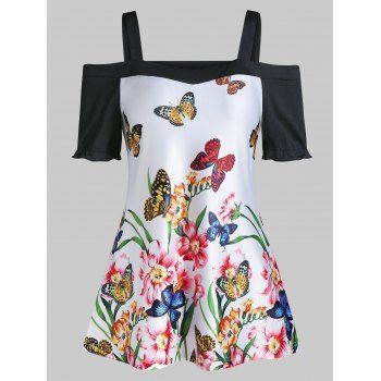 

Butterfly Floral Print Open Shoulder Frilled T Shirt, White