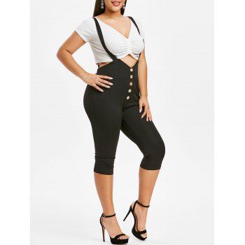 

Plus Size Mock Button Cropped Suspender Pants, Black