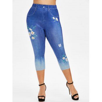 

Plus Size Flower 3D Print Capri Jeggings, Ocean blue