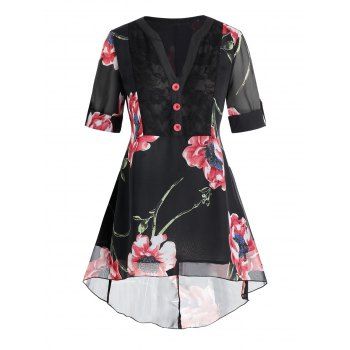 

Plus Size Floral Printed High Low Blouse, Black