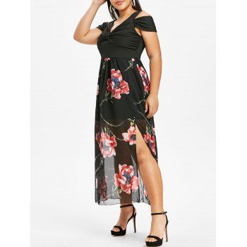 

Plus Size Flower Twisted Open Shoulder Plunging Dress, Black