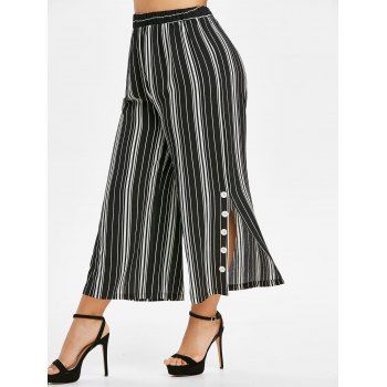 

Plus Size Striped Buttoned Slit Wide Leg Pants, Black