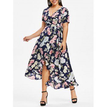 

Plus Size Floral Printed Kimono High Low Dress, Black