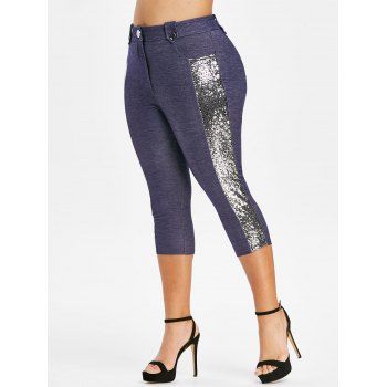 

Plus Size Glitter Sequined High Rise Capri Pants, Slate blue