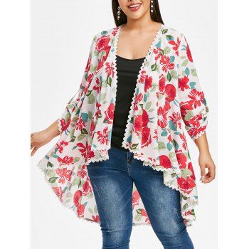 

Plus Size Lace Panel Floral High Low Summer Cardigan, White