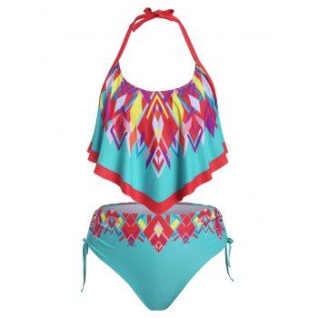 

Plus Size Ruffled Cinched Geometry Tankini Swimwear, Turquoise