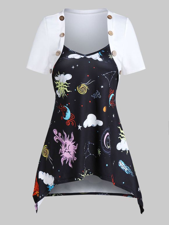 T-shirt Mouchoir à Imprimé Etoile Lune et Soleil avec Bouton - Noir 3XL