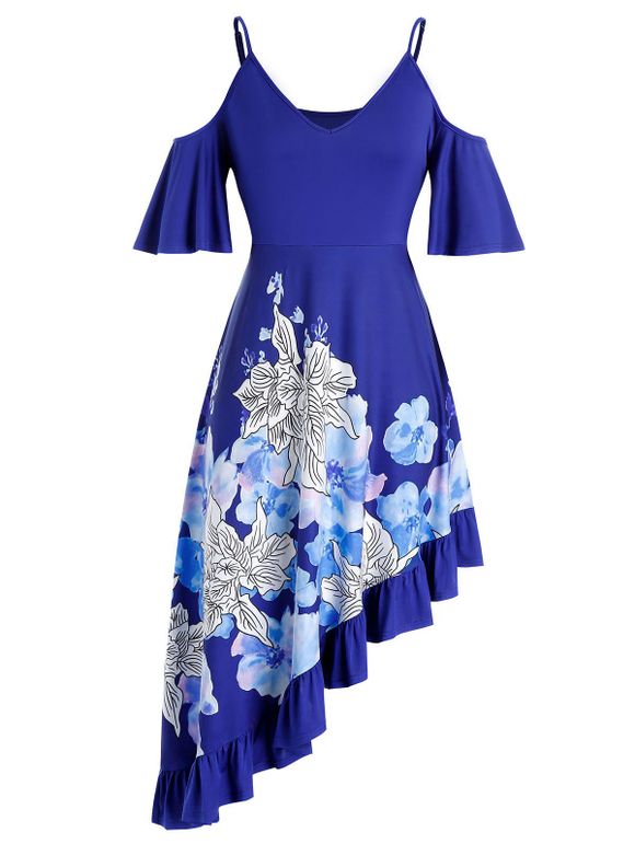 Robe Asymétrique Fleur à Epaule Dénudée de Grande Taille à Volants - Bleu Myrtille 5X