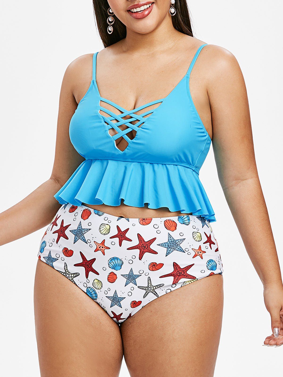 Plus Size Crisscross Starfish Printed Cami Tankini Swimsuit - DEEP SKY BLUE 5X