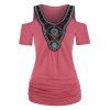 T-shirt à Épaules Nues Brodé Tribal à Volants - Rouge Saint Valentin 2XL