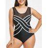 Maillot de Bain Rayé en Maille Insérée de Grande Taille Une-Pièce - Noir 5X