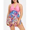 Maillot de Bain Tankini Papillon Imprimé de Grande Taille à Col Halter - Rose Vif L