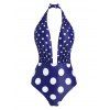 Maillot de Bain sans Dos à Pois Imprimé à Col Halter Une-Pièce - Bleu L
